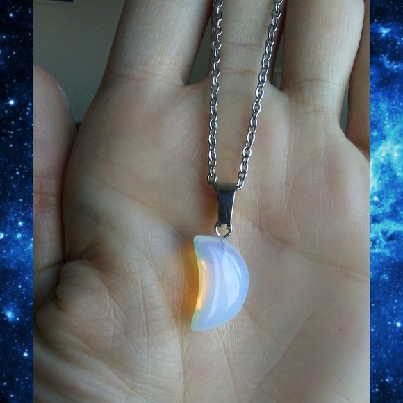 🌙💙Crescent Moon Opalite Stone Necklace - Picture 3 of 12